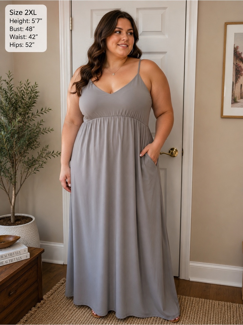 H&M Light Gray V-Neck Maxi Dress with Pockets Minimalist capsule Wardrobe 2XL